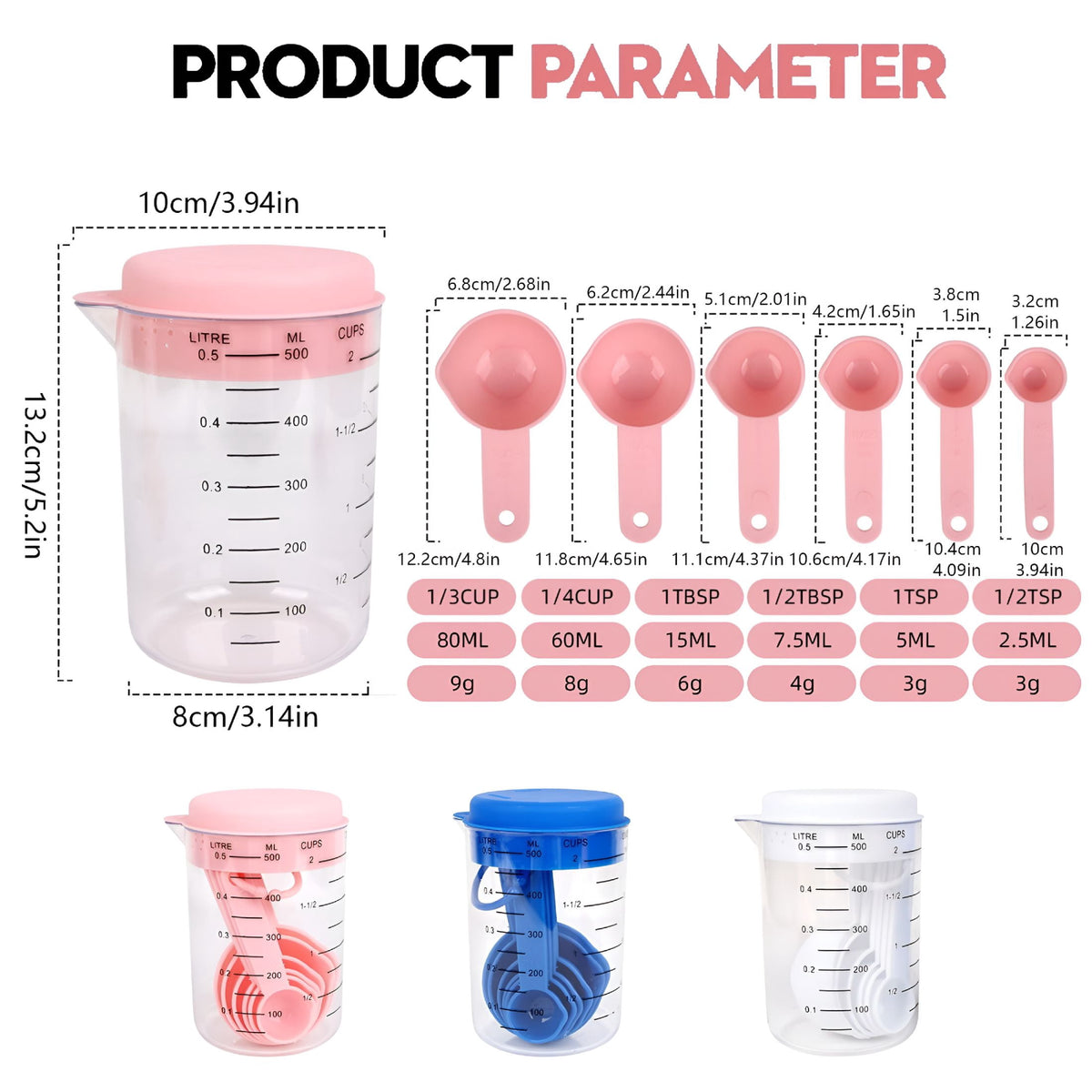 Measuring Cup and Spoon Set, 7 Pieces with Lidded 500 ml Jug - Image 4