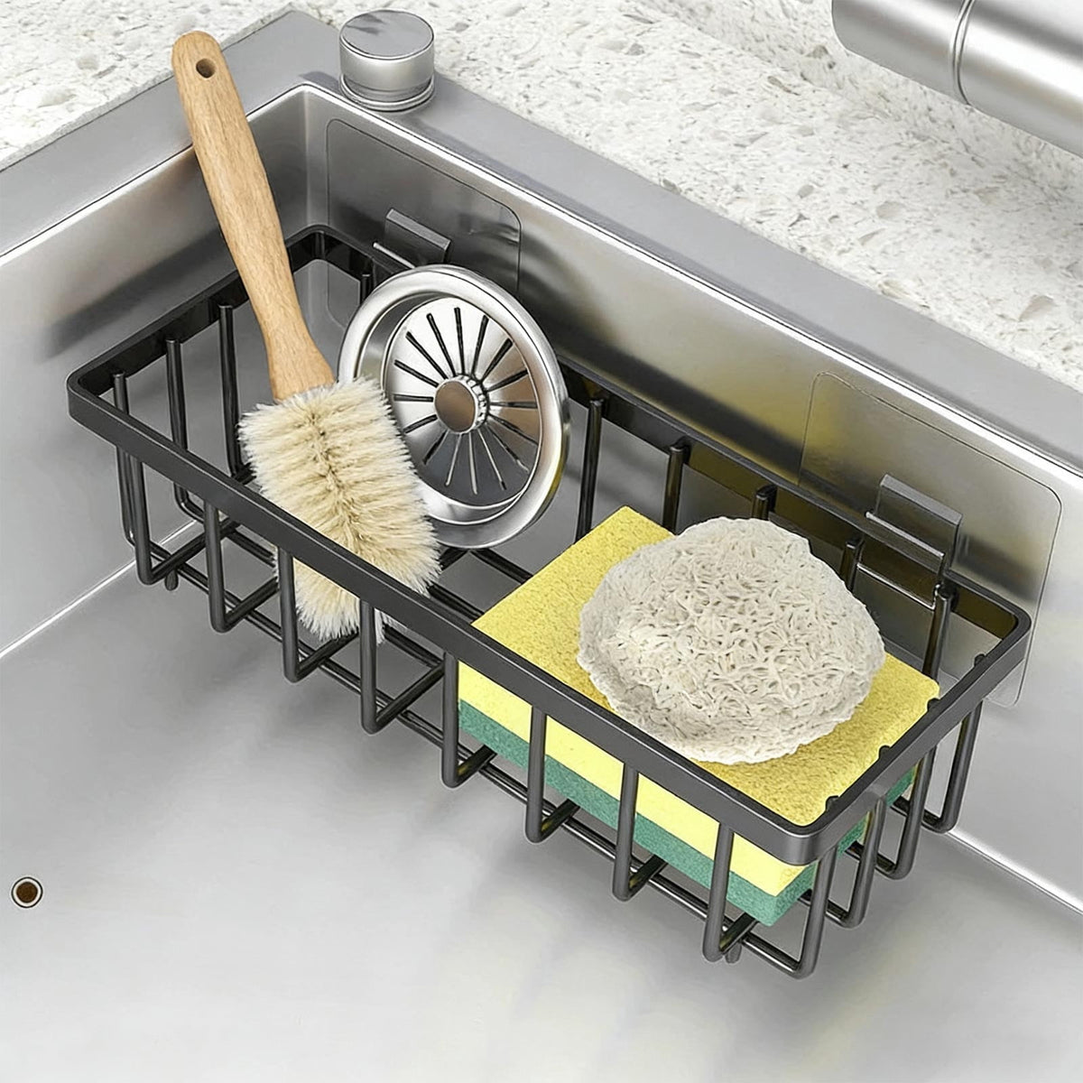 Sink Caddy Sponge Holder with Draining Tray and Towel Rod - Image 2