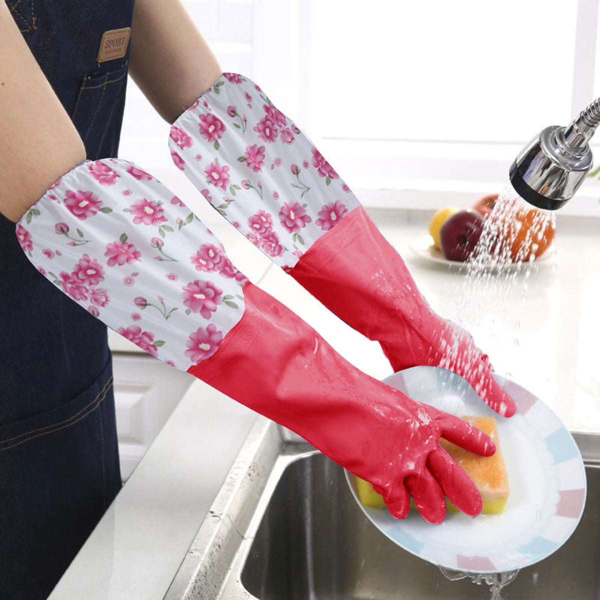 Reusable Rubber Cleaning Gloves, Medium with Flocked Cotton Lining - Image 2