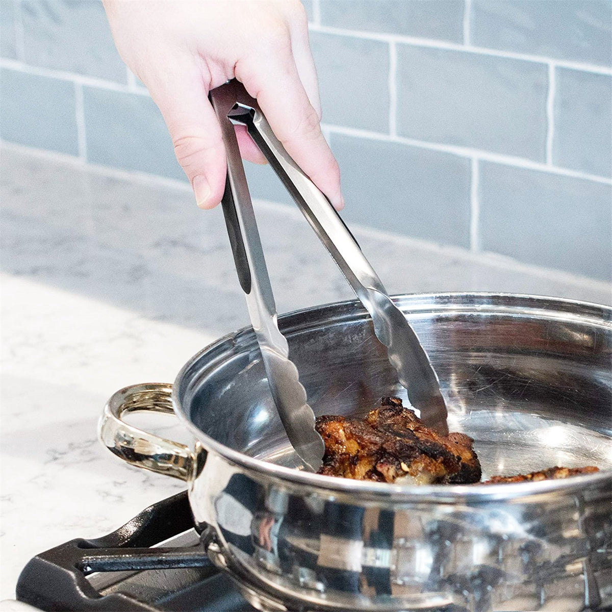 Locking Kitchen Tongs, 12 Inch Stainless Steel with Scalloped Tips - Image 5