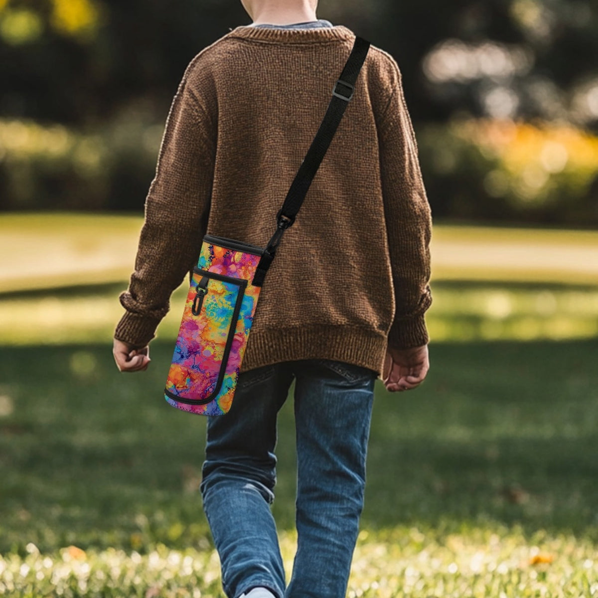 Tie Dye Water Bottle Carrier with Phone Pocket and Shoulder Strap - Image 5